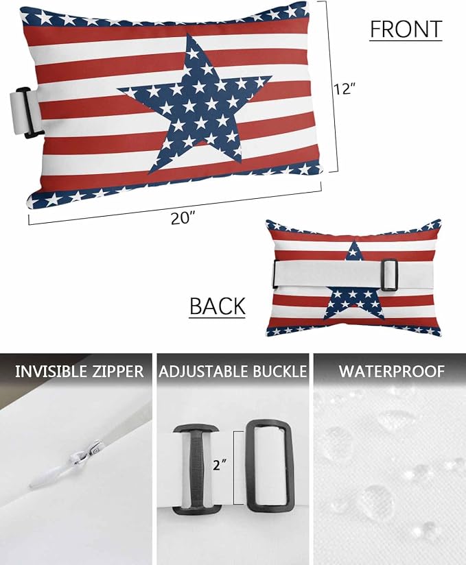 Outdoor Lumbar Pillows with Adjustable Band,Independence Day Chic White Star on Blue Waterproof Recliner Throw Pillow Chaise Lounge Cushion with Insert for Beach,Graden Red White Stripes 1 Pack