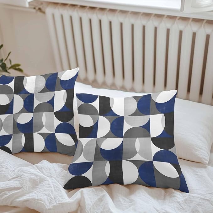 Vandarllin Outdoor Throw Pillows Covers 26x26 inch Set of 2 Waterproof Modern Blue Gray Geometric Decorative Zippered Cushion Covers for Patio Furniture, Abstract Mid Century Lumbar Pillowcases