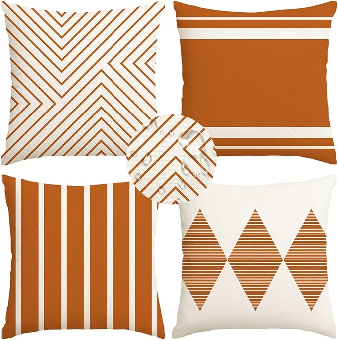Outdoor Pillows Covers 20x20 Waterproof,Orange and Beige Set of 4(No Insert | for Covered Patio Furniture Couch Sunbrella,No Insert Just Covers,Fit 20x20 inch Inserts or Smaller,Durable Polyester,Boho