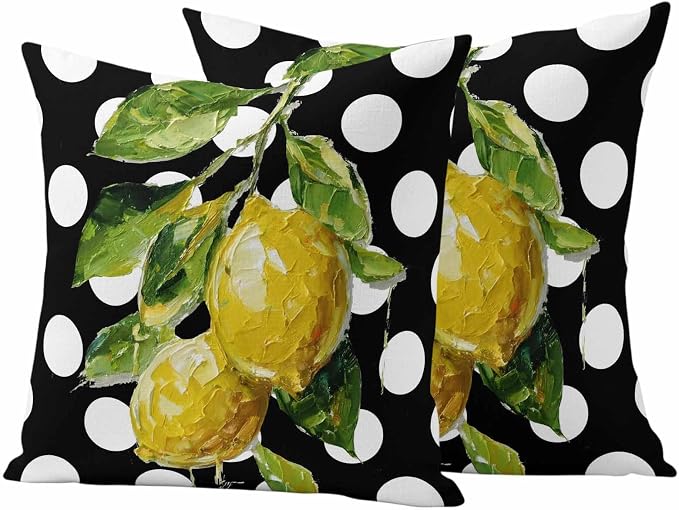 Waterproof Pillow Covers Set of 2,Farmhouse Yellow Lemon Green Leaf Outdoor Pillow Protectors with Zipper Pillowcases for Patio Tent Garden Beach 20x20 Inches Black White Polka Dot