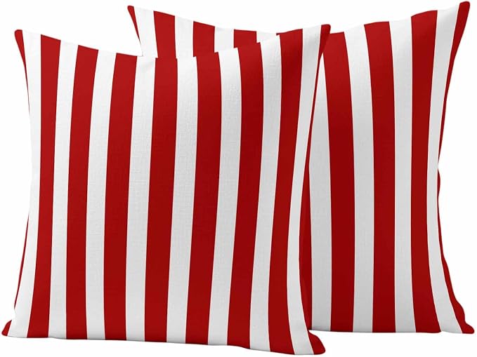 Red Striped Outdoor Waterproof Throw Pillow Covers 16x16 Set of 2, Christmas Farmhouse Red White Stripes Decorative Pillowcases Cushion Pillowcase for Couch Sofa Patio Outside Pillow Protector