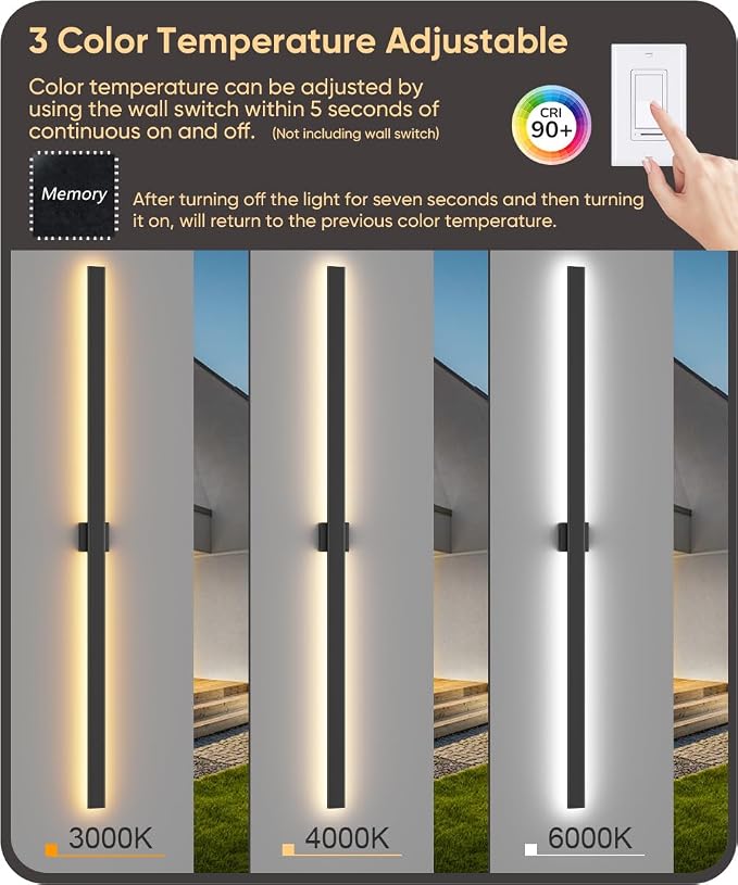 Aipsun 2 Packs 79in Outdoor Wall Sconces, 3000K 4000K 6000K Modern Black Exterior Light, Long LED Linear Wall Light Outside Lighting for Entrance, Hallway, Garage, Porch(3CCT)