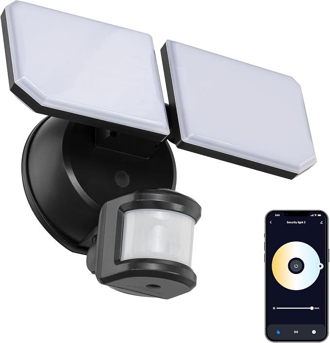 Guardian SMART Flood and Security Wall Light with 2 Lights 2,250 Lumens 20 Watts and Programmable Motion and Photo Sensor in Black, Works with Android or iOS