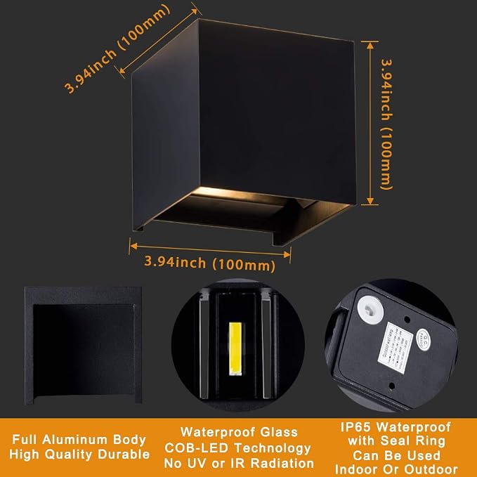 LED Aluminum Waterproof Outdoor Wall Sconce, 100-277V 3000K Outdoor Cube Square Wall Light Warm Light 2 LEDs Black 6W Outside Wall Lights for House Patio