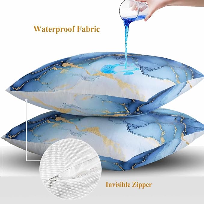 Abstract Marble Texture Outdoor Waterproof Throw Pillow Covers Set of 2, 20"x20", Gold Blue Gradient Modern Art Decoration Decorative Pillow Covers Outside Cushion Case for Patio Porch Garden