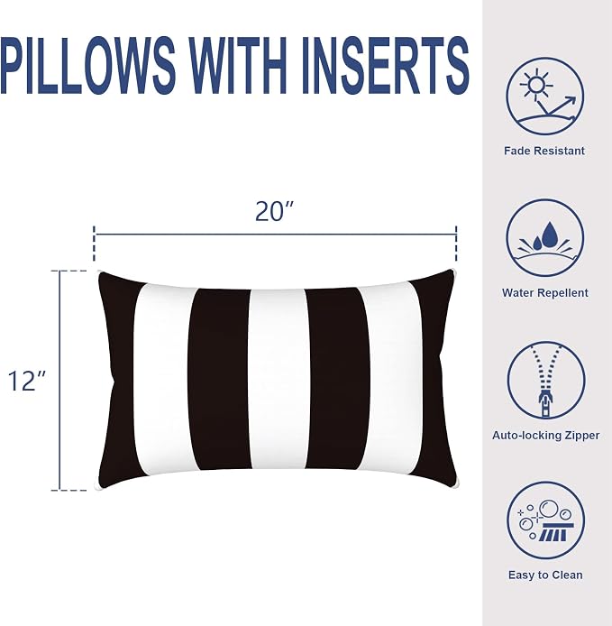 Outdoor Lumbar Pillows, Water Repellent Cushion Pillows 12x20 Inch, Outdoor Pillows with Inserts for Home Garden, Pack of 2, Cabana Black