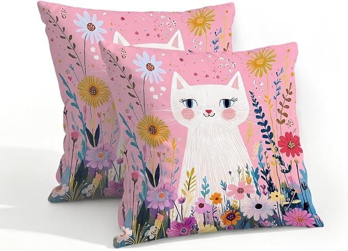 18x18 Inch Outdoor Pillow Covers Set of 2 Waterproof Throw Pillow Covers Decorative Couch Cushion Covers Pink Cat Garden Flowers Square Pillowcases Protectors for Patio Garden Sofa