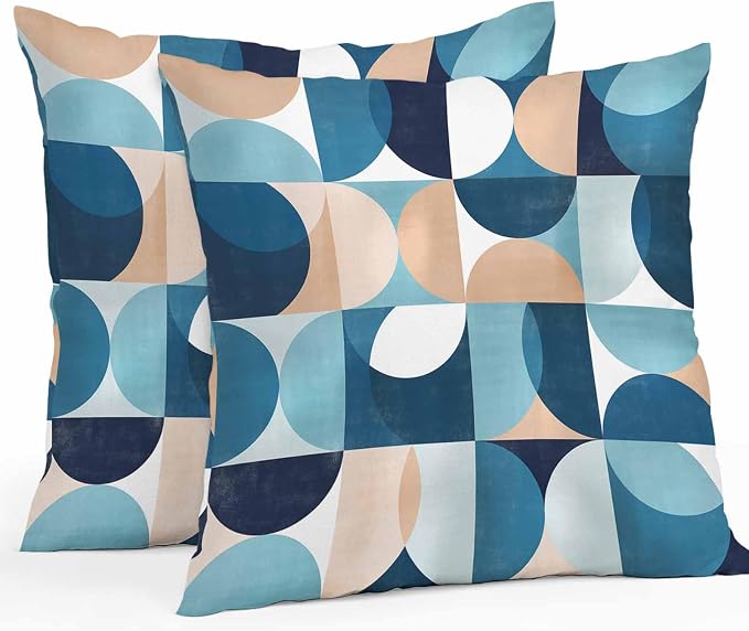 Vandarllin Outdoor Throw Pillows Covers 24x24 inch Set of 2 Waterproof Mid Century Geometric Decorative Zippered Cushion Covers for Patio Furniture, Abstract Modern Blue Lumbar Pillowcases