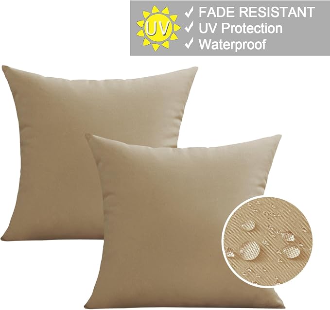 VAKADO Outdoor Waterproof Throw Pillow Covers 20X20 Set of 2 Decorative Taupe Patio Furniture Cushion Cases Outside Decor for Couch Garden Bench Porch
