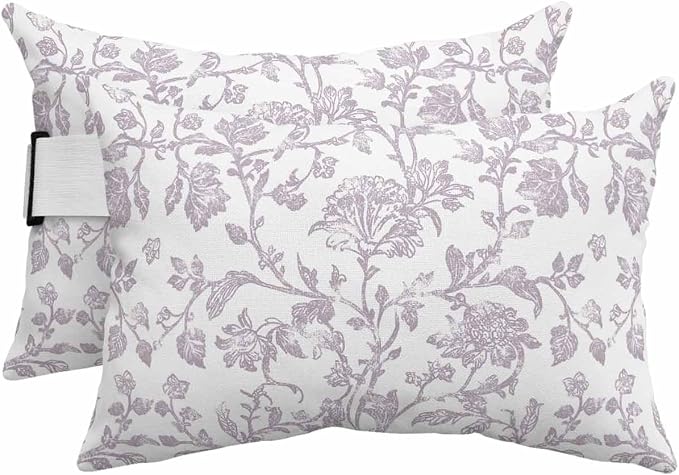 Pack of 2 Outdoor Lumbar Pillow Covers 11x16 Inch, Spring Flower Waterproof Throw Pillow Covers Set, Vintage Farmhouse Light Purple Boho Leaf Indoor&Outdoor Cushion Cases for Patio Porch Beach