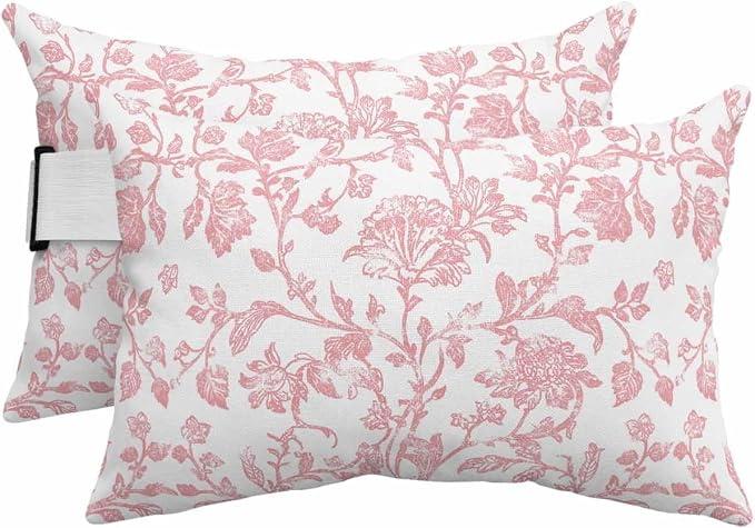 Pack of 4 Outdoor Lumbar Pillow Covers 12x20 Inch, Coral Red Flower Waterproof Throw Pillow Covers Set, Vintage Farmhouse Boho Leaf Spring Indoor&Outdoor Decorative Cushion Cases for Patio Porch Beach