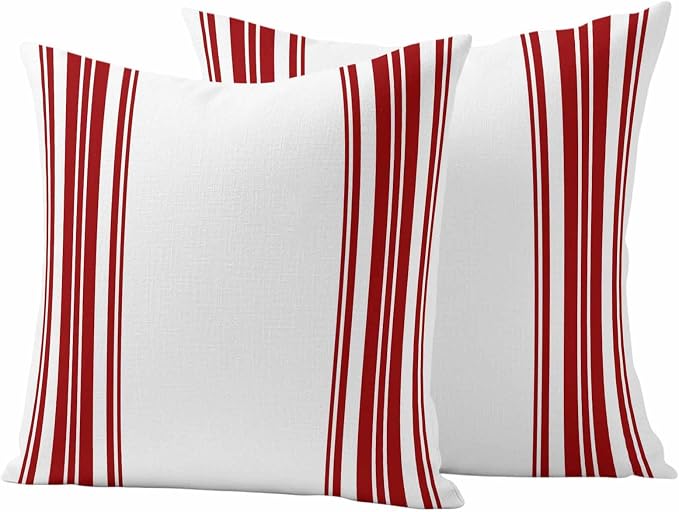 Outdoor Waterproof Throw Pillow Covers Set of 2 Red Stripes Pillowcases 16x16 Inches White Vertical Striped Decorative Pillows Cushion Case Patio Pillows for Couch Bed Chair Garden