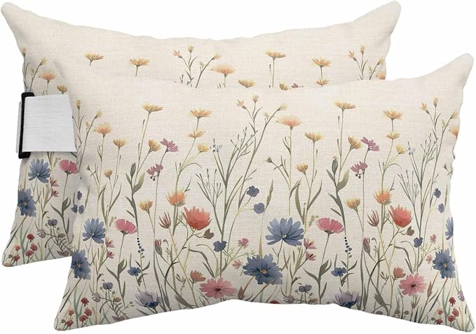 Outdoor Pillow for Chaise Lounge Chair Garden Watercolor Flower on Burlap Headrest Pillow with Adjustable Strap Set of 2,11x16 inch, Blossom Floral Botanical Leaves Head Pillows for Patio Pool