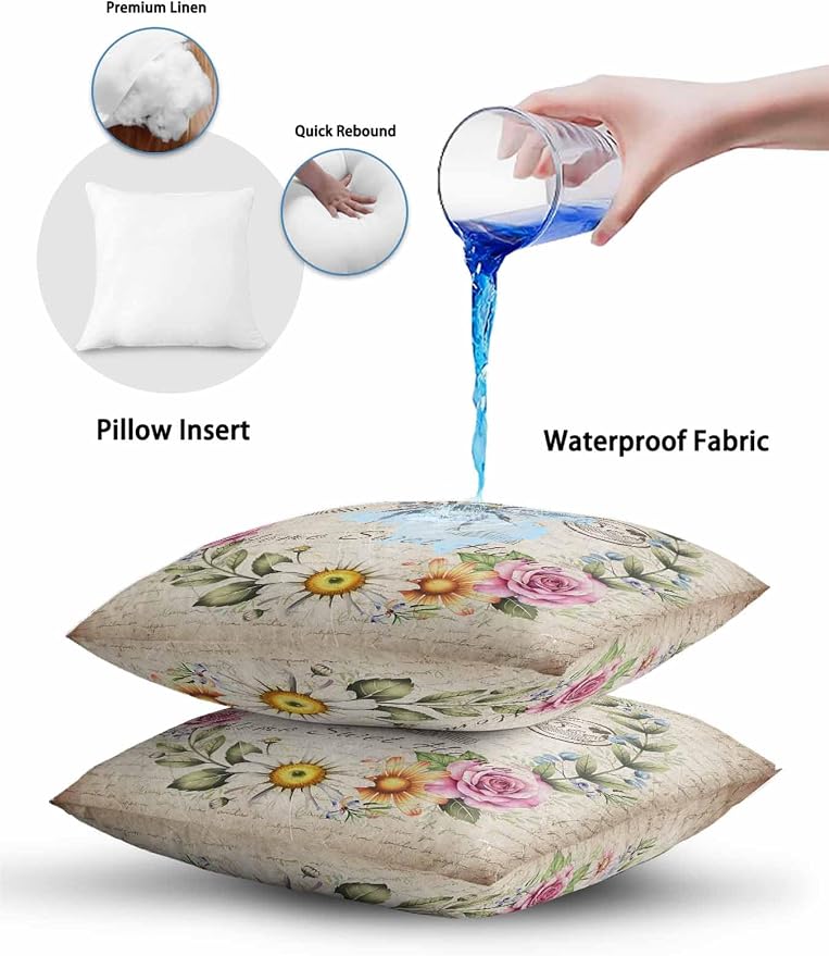 Outdoor Waterproof Throw Pillows Farmhouse Flower Leaf Wreath Patio Pillows,Decorative Pillow Covers with Insert,Pillow Cushion Case for Garden Couch Sofa Rustic Bee Retro Letter
