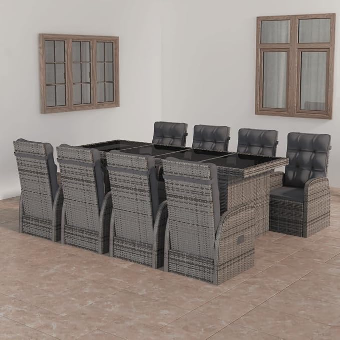 9 Piece Patio Dining Set with Cushions,Outdoor Table Chairs,Kitchen Furniture,Removable, Washable Cushion Covers,Used in Restaurant, Bistro, Coffee Shop,Deck, Backyard, Poly Rattan Gray