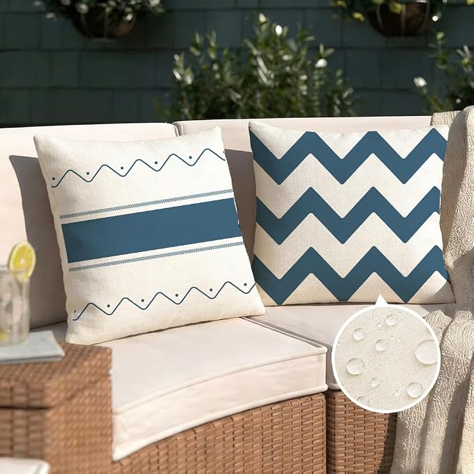 RABUSOFA Outdoor Pillow Covers Waterproof 20x20 Set of 4 Blue Modern Decor | Chevron Zigzag,Not Insert,Waterproof Fabric,Machine Washable,Invisible Zipper,Decoration for Patio Furniture Sunbrella Couch