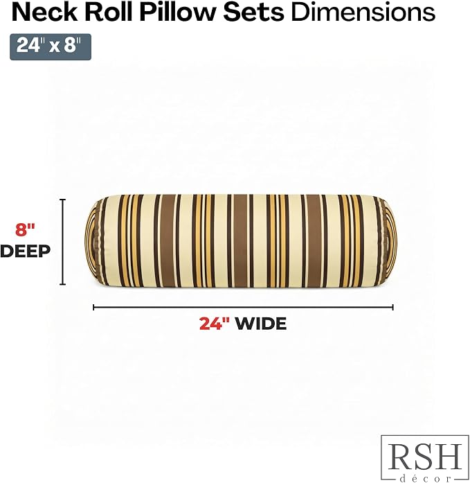 RSH DECOR: Sunbrella Neck Roll Pillows Set of 2 | 24” x 8” | Outdoor Bolster for Patio, Deck, Porch, or Poolside Chairs | Fade & Water-Resistant | Made in USA (Anthony Praline)