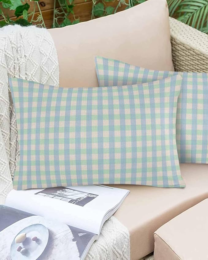 Outdoor Waterproof Throw Pillow Covers Set of 2 Buffalo Plaid Lumbar Pillowcases 20x12 Inches Blue Linen Classic Checked Patio Decorative Pillows Cushion Case Patio Pillows for Couch Bed Chair Garden