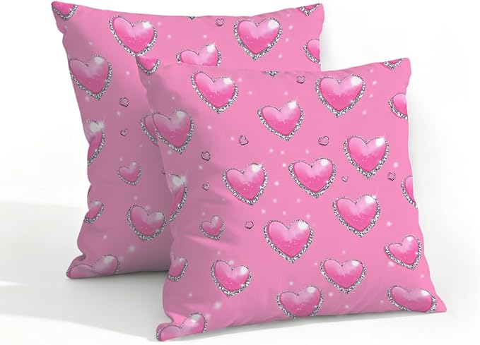 18x18 Inch Outdoor Pillow Covers Set of 2 Waterproof Throw Pillow Covers Decorative Couch Cushion Covers Pink Hearts with_ Diamonds Square Pillowcases Protectors for Patio Garden Sofa
