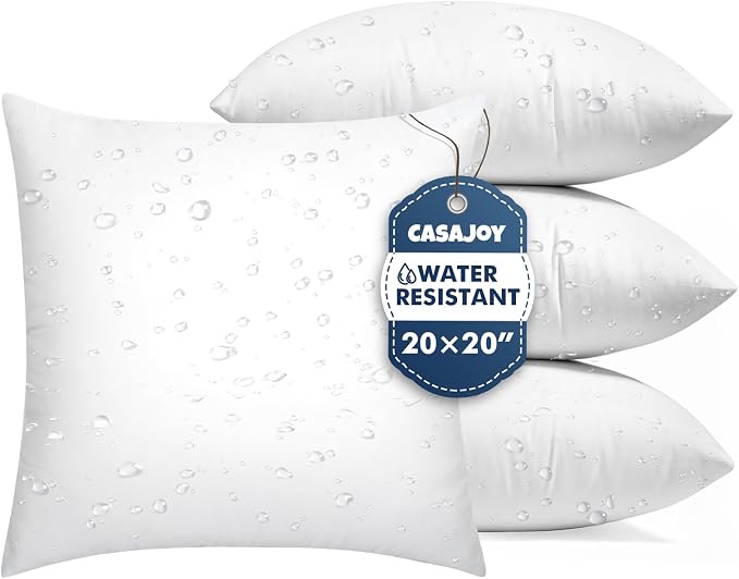 4 Pack 20x20 Outdoor Pillows, Water Resistant Throw Pillow Inserts | Square Waterproof Pillows, Decorative Pillow for Patio & Couch, Fluffy & Supportive, Convenient Zipper Design