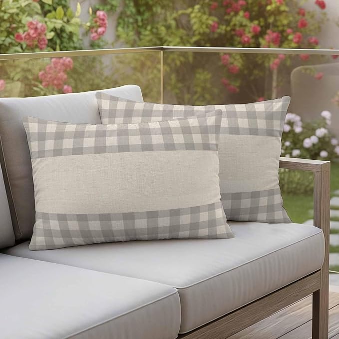 Retro Grey Outdoor Waterproof Pillow Covers, Farmhouse Buffalo Plaid Vintage Beige Decorative Rectangle Throw Pillowcase Sofa Cushion Sham for Patio/Couch/Chair, 20"x12" 2 Pack