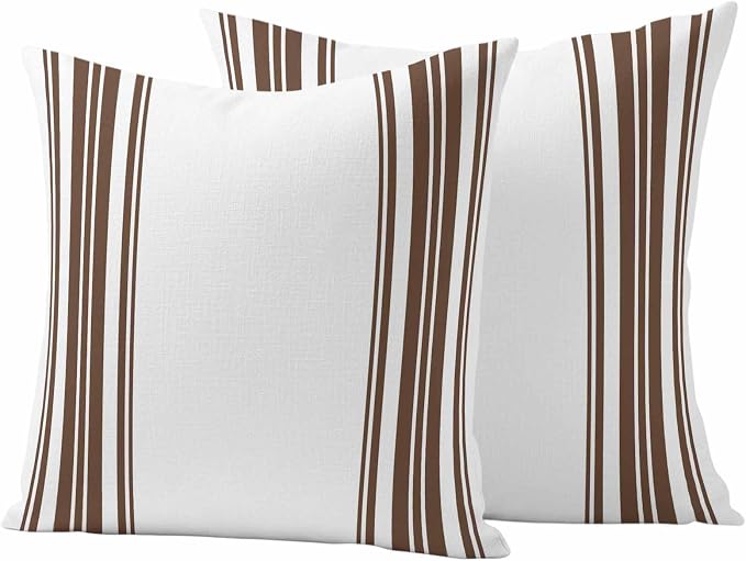 Outdoor Waterproof Throw Pillow Covers Set of 2 Brown Stripes Pillowcases 18x18 Inches White Vertical Striped Decorative Pillows Cushion Case Patio Pillows for Couch Bed Chair Garden