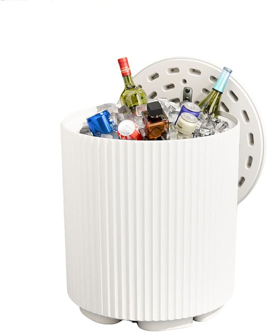 Outdoor Cooler Side Table, 2-in-1 Ice Chest Side Table Bucket All Weather Resistant, Portable Cooler Table for Patio & Parties & Picnics & Beach & BBQ, White