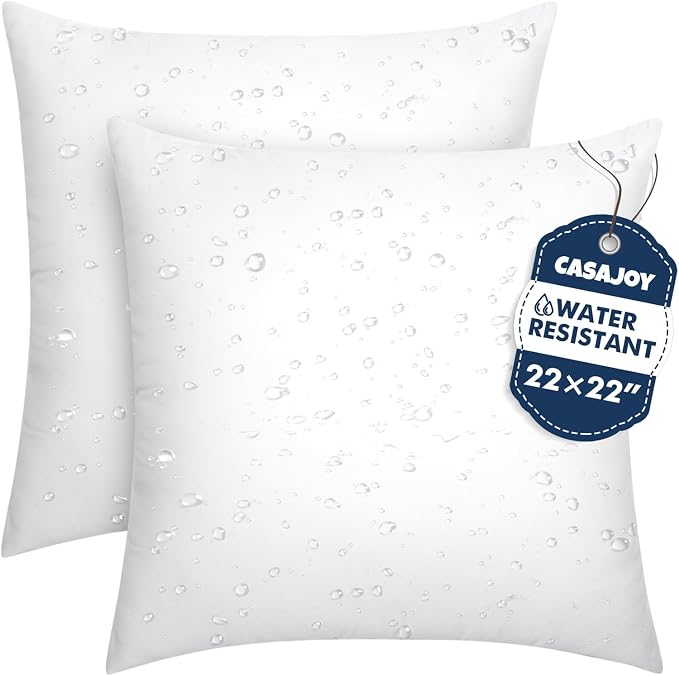 2 Pack 22x22 Outdoor Pillows, Water Resistant Throw Pillow Inserts | Square Waterproof Pillows, Decorative Pillow for Patio & Couch, Fluffy & Supportive, Convenient Zipper Design
