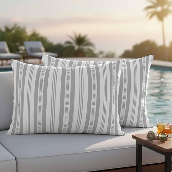 Gery Striped Outdoor Waterproof Pillow Covers, Farmhouse Stripes Modern Geometric Decorative Rectangle Throw Pillowcase Sofa Cushion Sham for Patio/Couch/Chair, 20"x12" 2 Pack