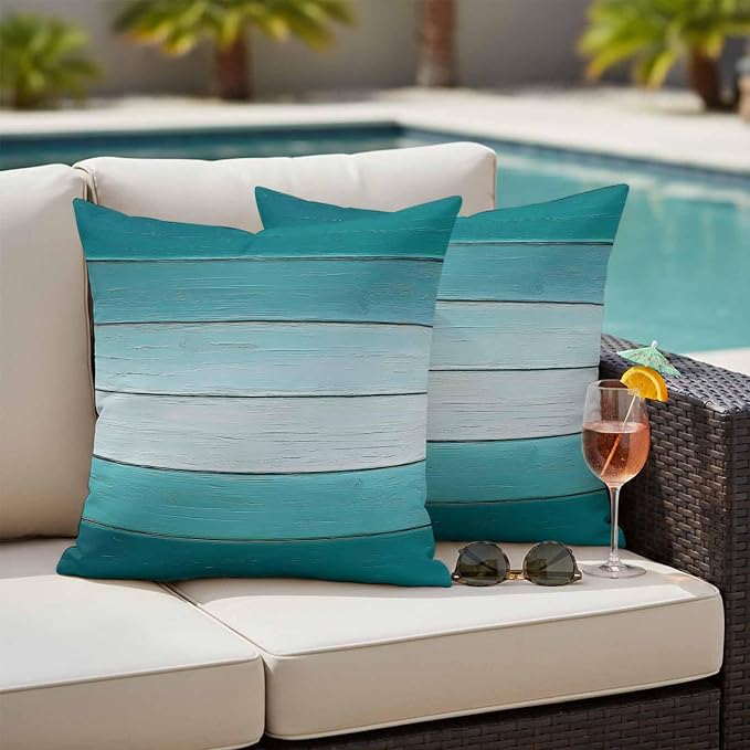 Teal Turquoise Outdoor Pillow Covers 24x24 Inch Throw Pillow Covers Set of 2 Waterproof Decorative Pillow Cases Farmhouse Abstract Gradient Wooden Plank Cushion Covers for Patio Furniture Garden Couch