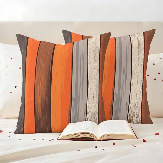 JasmineM Outdoor Pillow Cover 24x24 Inches Set of 2 Orange Brown Gray Striped Waterproof Throw Pillow Covers Retro Wood Grain Decorative Pillowcases Garden Cushion Case for Patio Couch Sofa