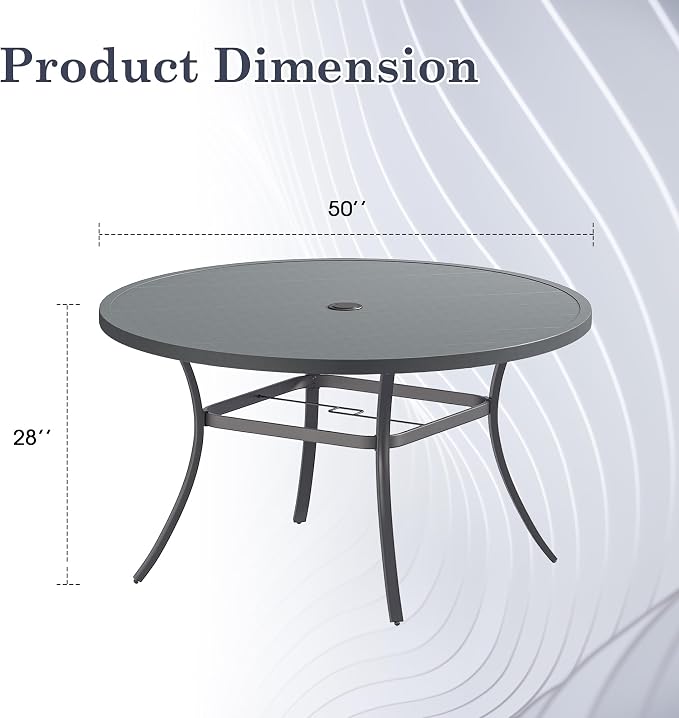 Outdoor Dining Table for 6, 50" Round Outdoor Table with Adjustable Umbrella Hole, All-Weather Metal Patio Dining Table for Lawn Garden Backyard Deck, Dark Grey