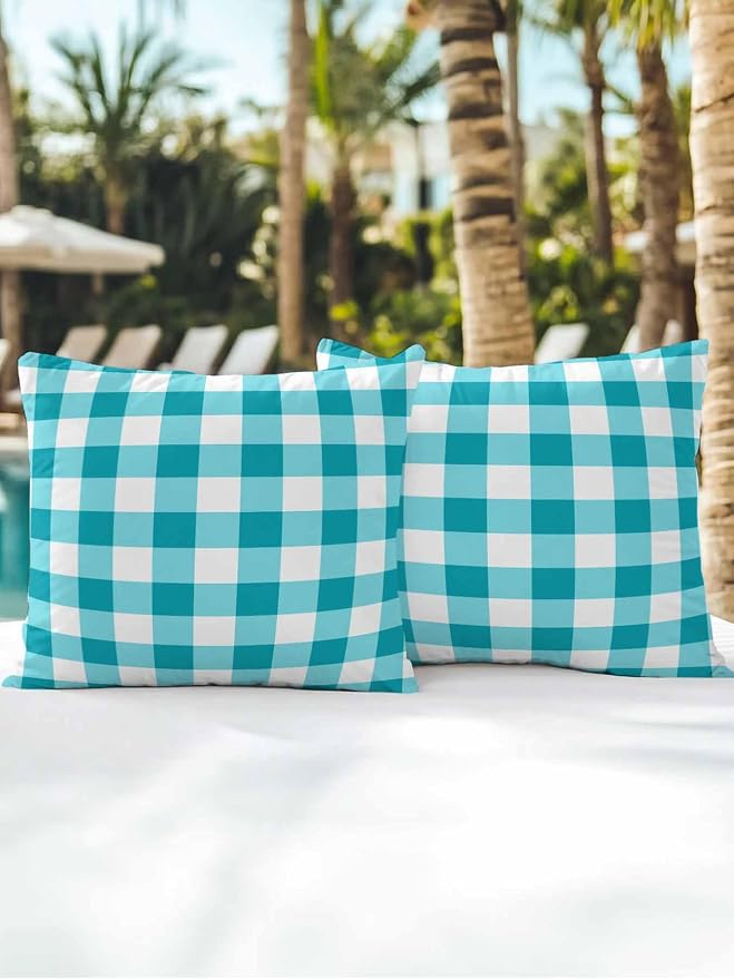 Waterproof Outdoor Pillow Set of 2 Turquoise Buffalo Plaid Decorative Throw Pillows Cover & Insert 18x18 Inch Pillowcase Check Lines Square Pillows for Couch Sofa Bed Patio Furniture Indoor Outdoor