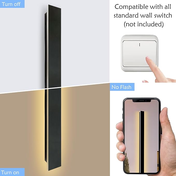 Outdoor Wall Sconce set of 2,79 Inch Outdoor Wall Lights, Waterproof Ip65 Long Linear Led Porch Lights, 3000k Light Fixture Black Wall Mount Acrylic Anti Rust for Living Room, Patio, Garage 60W