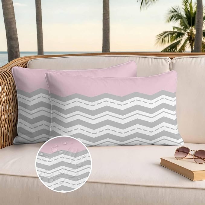 Grey Chevron Waterproof Outdoor Pillow Covers Set of 2 Home Decor, Geometric Pink Print Wavy Striped White Pillowcase Patio Pillow Covers for Couch Bench Furniture Garden 20x12in
