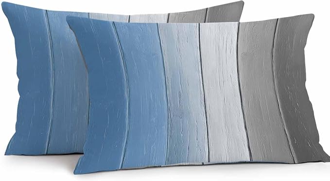 Lumbar Pillow Covers 20x12 Inch Set of 2, Blue Gray Ombre Waterproof Outdoor Cushion Covers, Vintage Country Wooden Decorative Pillowcases for Couch, Sofa, Bed, Garden, Patio