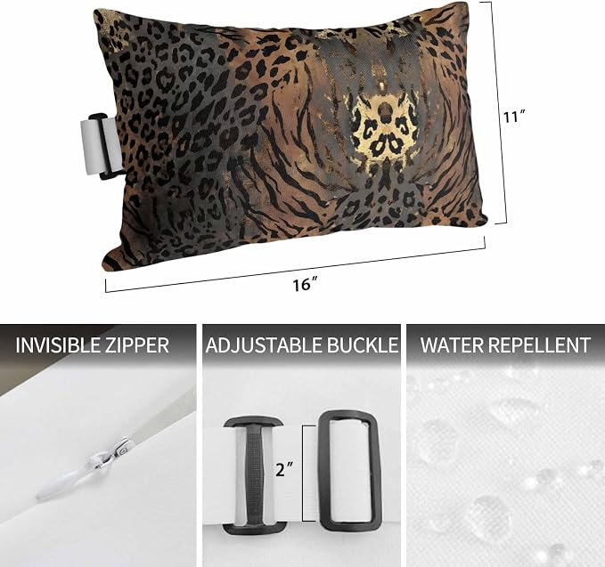 Brown Black Leopard Print Outdoor Chaise Lounge Head Pillow with Insert,Vintage Animals Skin Fur Pattern Waterproof Headrest Lumbar Pillow Cusion Cover with Elastic Strap for Recliner,11"x16" 2PCS