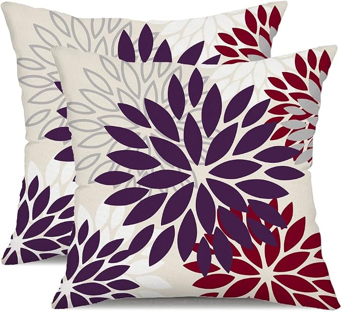 DFXSZ Outdoor Waterproof Pillow Covers 16x16 Set of 2 Purple WineRed Flower | Spring Summer Waterproof Flower Throw Pillowcases（No Inserts）Decor for Valentines Patio Funiture Garden Polyester Covers