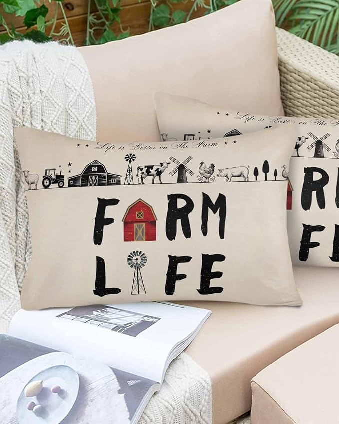 Outdoor Throw Pillows Covers 20x12 inch Set of 2 Waterproof Farm Life Decorative Zippered Cushion Covers for Patio Furniture, Retro Farmhouse Red Barn Windmill Cow Chicken Tractors Lumbar Pillowcases