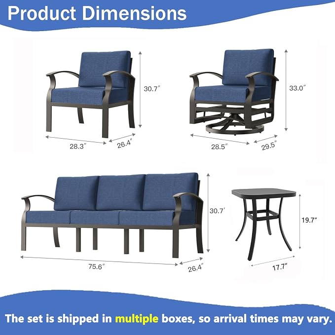 Aluminum Outdoor Patio Furniture Set,7 Seats Patio Conversation Sets with Rectangular Coffee Table,Metal Patio Sectional Furniture Set with 2 Swivel Rocking Chairs,Navy Blue