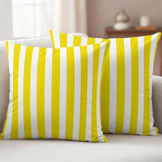 Yellow Striped Outdoor Waterproof Throw Pillow Covers 16x16 Set of 2, Modern Farmhouse Yellow White Stripes Decorative Pillowcases Cushion Pillowcase for Couch Sofa Patio Outside Pillow Protector