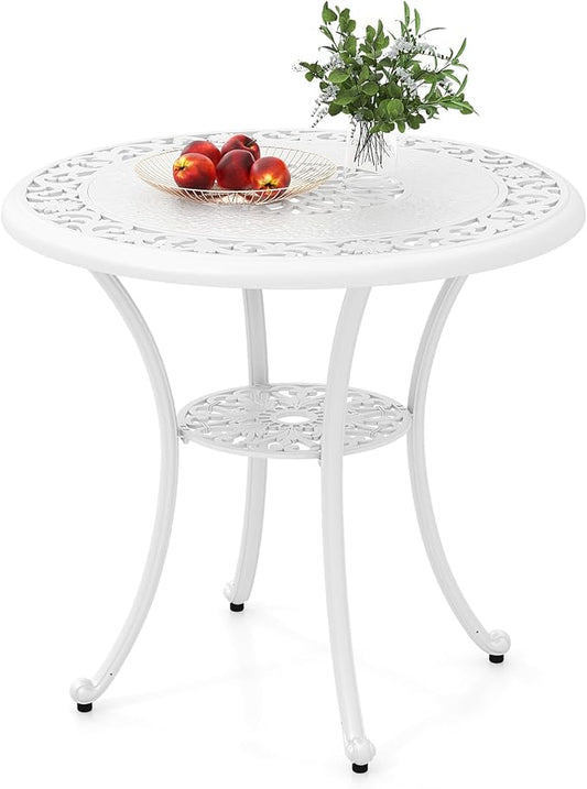 Tangkula 31.5” Cast Aluminum Patio Dining Table, Round Outdoor Bistro Table with 2” Umbrella Hole, Outdoor Side Table for Backyard, Lawn, Deck and Garden, White