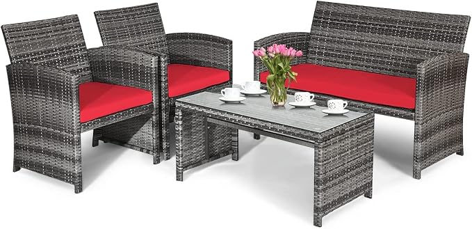 HAPPYGRILL 4pcs Patio Converstation Set with Soft Cushions Rattan Furniture Set with PE Wicker Coffee Table & Sofa Chairs for Garden Poolside Porch Backyard