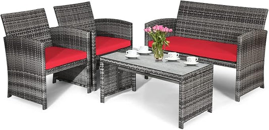 HAPPYGRILL 4pcs Patio Converstation Set with Soft Cushions Rattan Furniture Set with PE Wicker Coffee Table & Sofa Chairs for Garden Poolside Porch Backyard