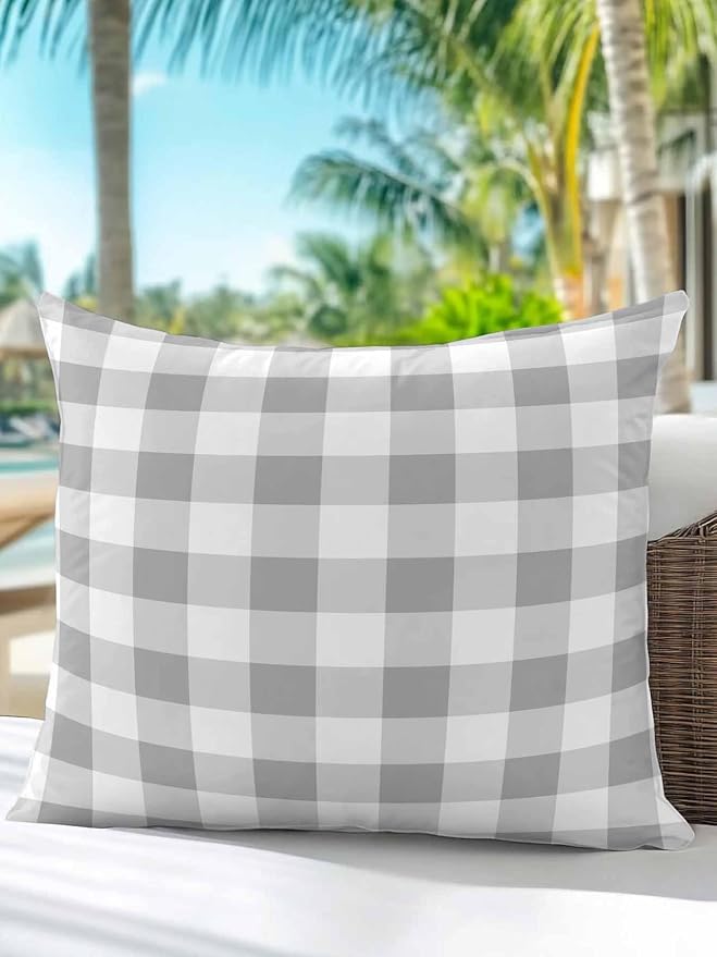 Waterproof Outdoor Pillow 1 Pack Grey Buffalo Plaid Decorative Throw Pillows Cover & Insert 18x18 Inch Pillowcase Check Lines Square Pillows for Couch Sofa Bed Patio Furniture Indoor Outdoor