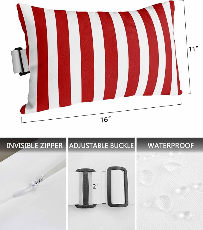 DecorLovee Red Striped Outdoor Recliner Pillows for Head, Christmas Waterproof Chair Pillow with Elastic Stripe, Farmhouse Red White Stripes Chaise Lounge Headrest Pillow for Patio/Pool 1Pack, 11"x16"