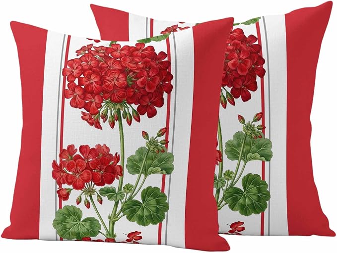 Flower Outdoor Waterproof Throw Pillow Covers 16"x16" Set of 2, Geranium Red Floral Summer Plant Spring Decorative Garden Pillowcase with Zipper Cushion Case for Patio Couch Tent