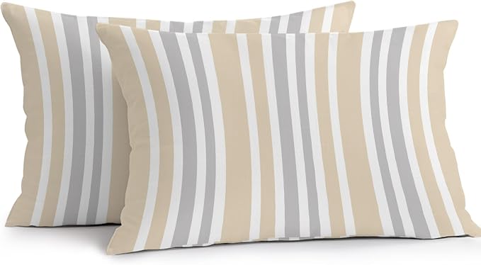 Beige Grey Stripe Outdoor Pillow Covers 20x12 Inch Lumbar Pillow Covers Set of 2 Waterproof Decorative Throw Pillow Cases Farmhouse Minimalist Striped Cushion Covers for Patio Furniture Garden Couch
