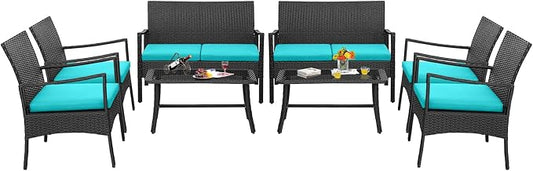 HAPPYGRILL 8 Pieces Patio Wicker Furniture Set PE Wicker Conversation Set, Rattan Sofa Chair with Cushions Tempered Glass Coffee Table, Outdoor Sectional Bistro Set for Poolside Backyard Lawn Garden
