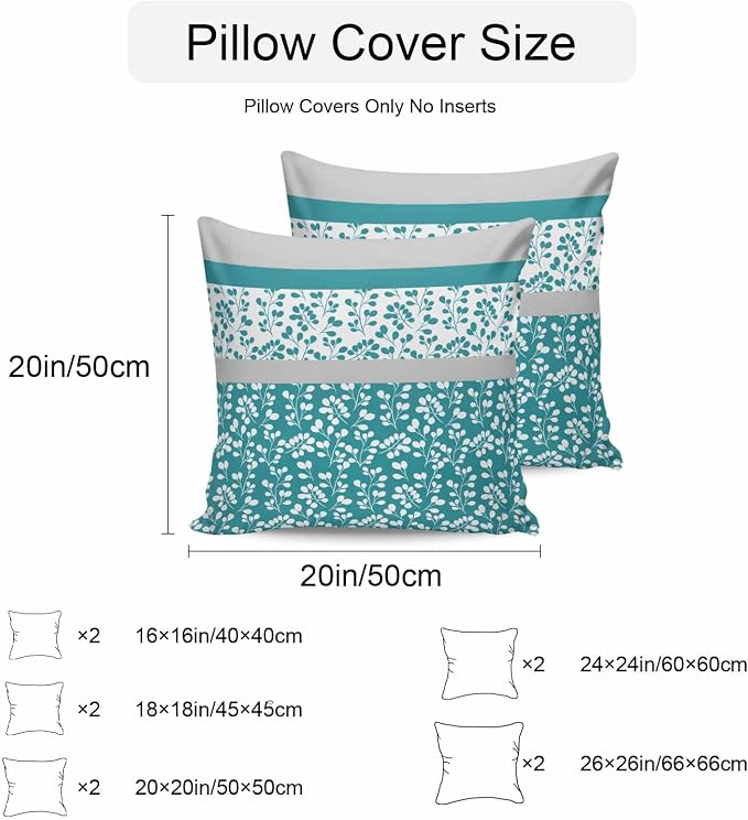 Teal Floral Outdoor Pillow Covers 20x20 Inch Throw Pillow Covers Set of 2 Waterproof Decorative Pillow Cases Botanical Blossom Motif Boho Grey Stripes Cushion Covers for Patio Furniture Garden Couch
